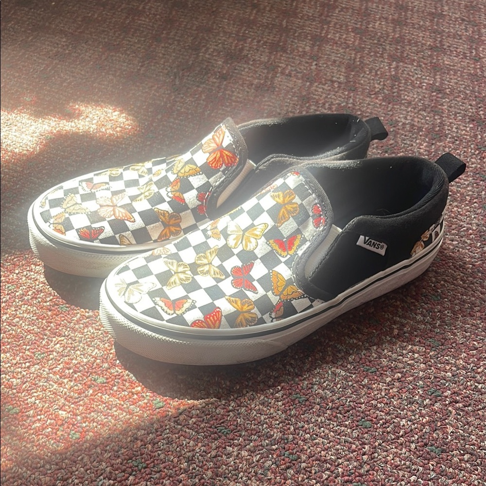 Vans Kids Slip-On Sneakers - Black and White with Colorful Butterflies